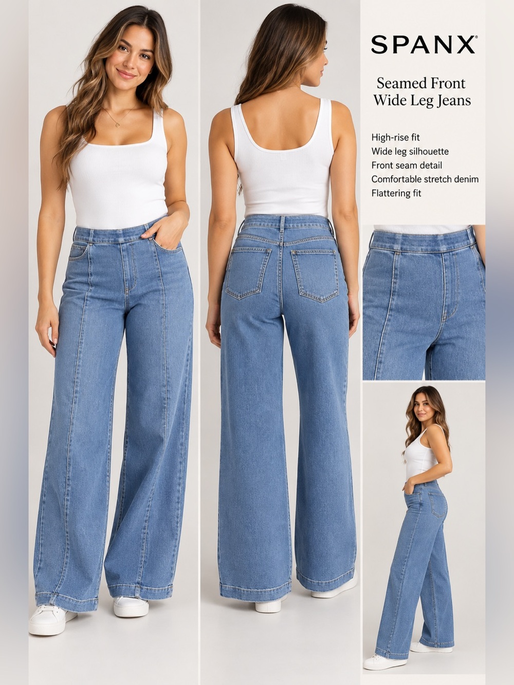 SPANX Light Blue High-Rise Seamed Front Wide Leg Jeans size L